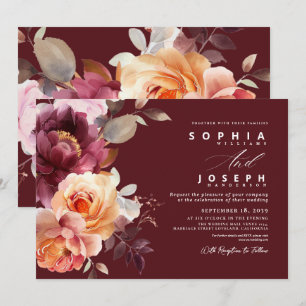Invitation Elégante aquarelle Bouquet Bourgogne Mariage flora