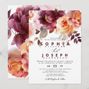 Invitation Elégante aquarelle Bouquet Bourgogne Mariage flora