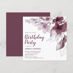 Invitation Elégante Aquarelle Bourgogne Florale Anniversaire
