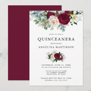 Invitation Elégante aquarelle Bourgogne Florale Quinceanera
