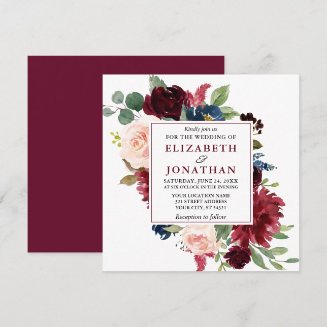 Invitation Elégante aquarelle Bourgogne Mariage Floral Sq (Devant / Derrière)
