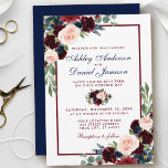 Invitation Elégante aquarelle Burgundy Blue Floral Mariage<br><div class="desc">Elégante aquarelle Bourgogne et Faire-part de mariage Florale Bleu - Burgundy et Bleu Script,  Bleu Retour</div>