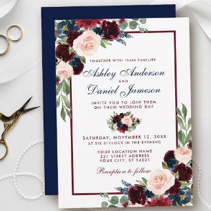 Invitation Elégante aquarelle Burgundy Blue Floral Mariage