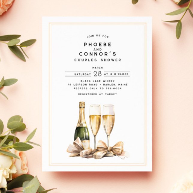 Invitation Elégante aquarelle Champagne Bow Couples Douche (Créateur téléchargé)