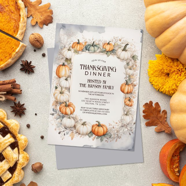 Invitation Elégante Aquarelle Citrouille Thanksgiving Dîner (Créateur téléchargé)