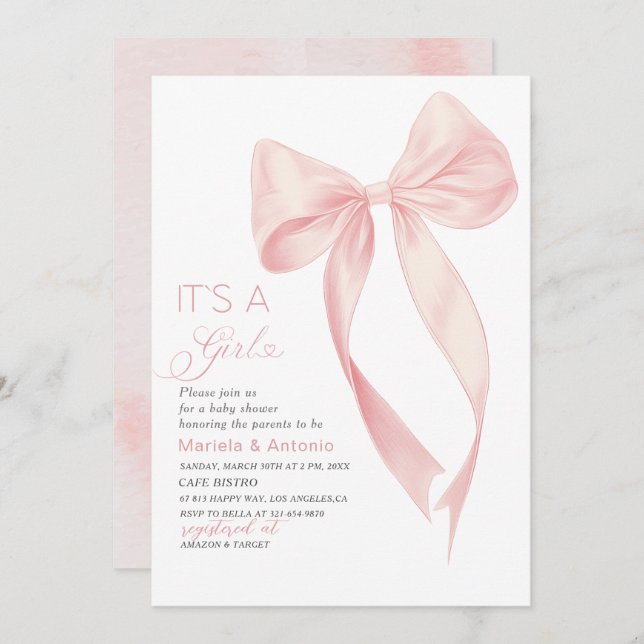 Invitation Elégante Aquarelle Coquette Rose Bow Girl Baby Sh (Devant / Derrière)