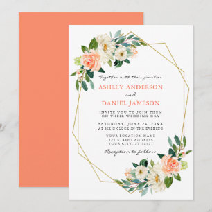 Invitation Elégante aquarelle Coral Floral Gold Frame