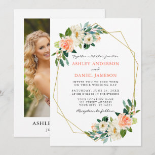 Invitation Elégante aquarelle Coral Floral Gold Frame Photo