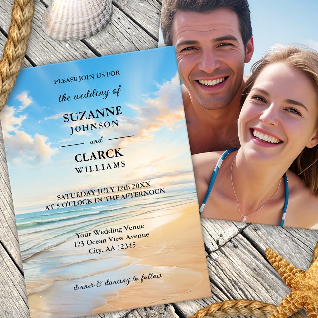 Invitation Elégante aquarelle côtière Plage Mariage (A coastal photo wedding invitation featuring a watercolor painting of a beach on a sunny day)