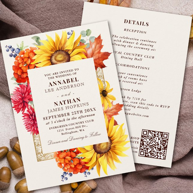 Invitation Elégante aquarelle d'automne Floral QR Code (Créateur téléchargé)