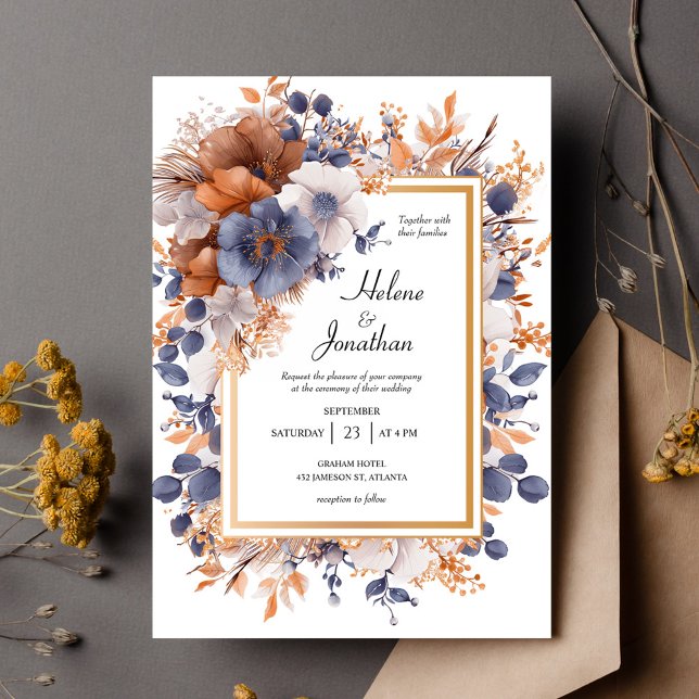 Invitation Elégante aquarelle de jardin Dusty Blue Rust Maria (Garden Elegant Watercolor Dusty Blue Rust Wedding Invitation)