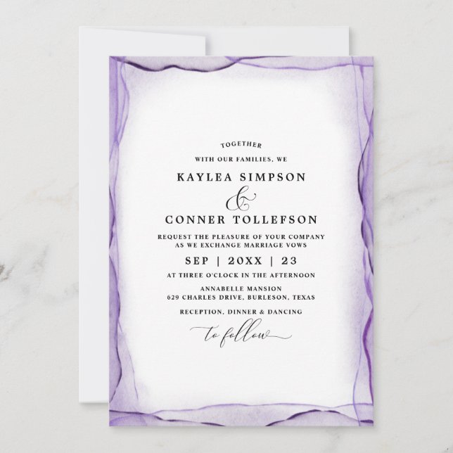 Invitation Élégante Aquarelle de Mariage Abstrait Lavande (Devant)