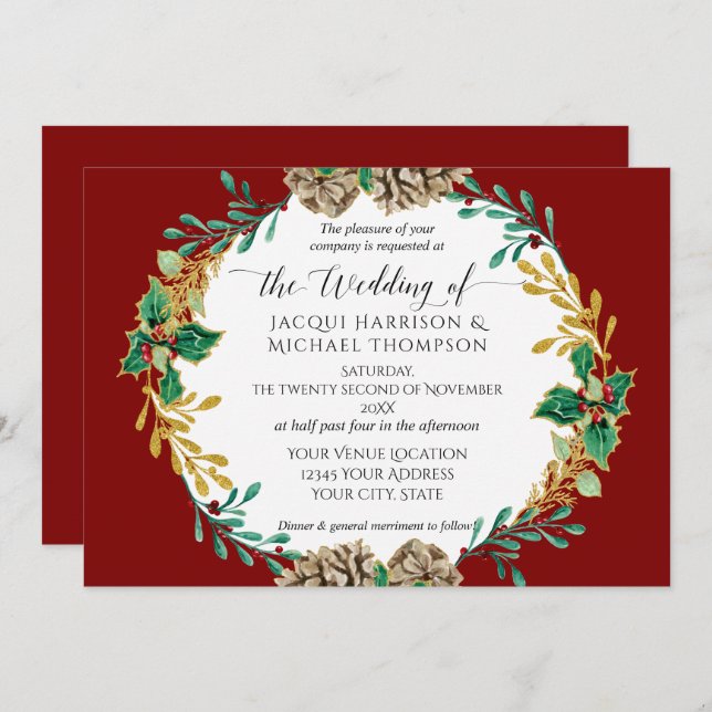 Invitation Elégante aquarelle de Noël Gold Holly Wreath (Devant / Derrière)