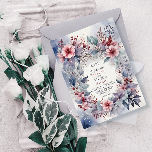 Invitation Elégante aquarelle d'hiver Floral Berries Mariage (Créateur téléchargé)