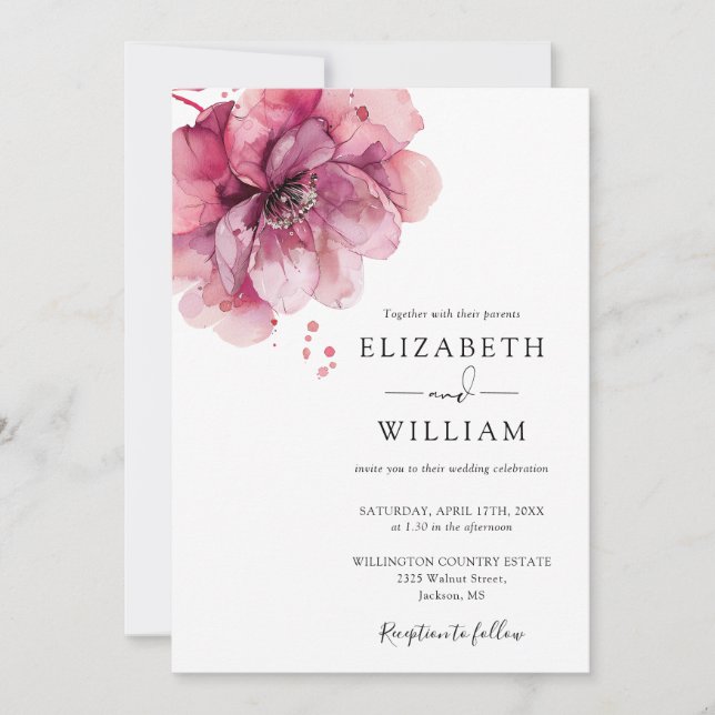Invitation Elégante aquarelle Dusty Rose Floral Mariage (Devant)