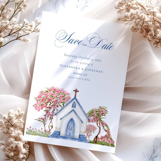 Invitation Elégante aquarelle église mariage Enregistrer la d (Créateur téléchargé)