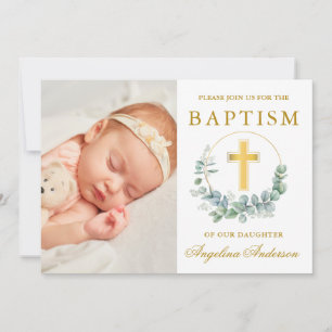 Invitation Elégante aquarelle Eucalyptus Baptism Gold Photo