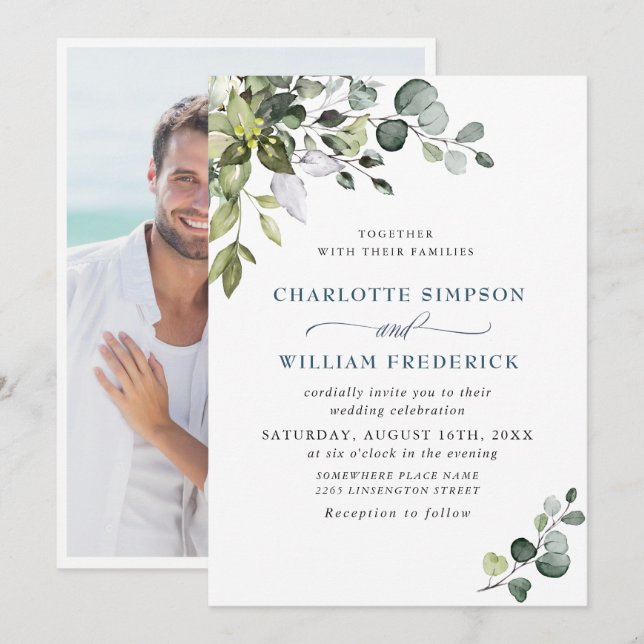 Invitation Elégante aquarelle Eucalyptus Floral Mariage PHOTO (Devant / Derrière)