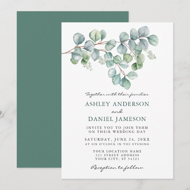 Invitation Elégante aquarelle Eucalyptus Mariage vert (Devant / Derrière)