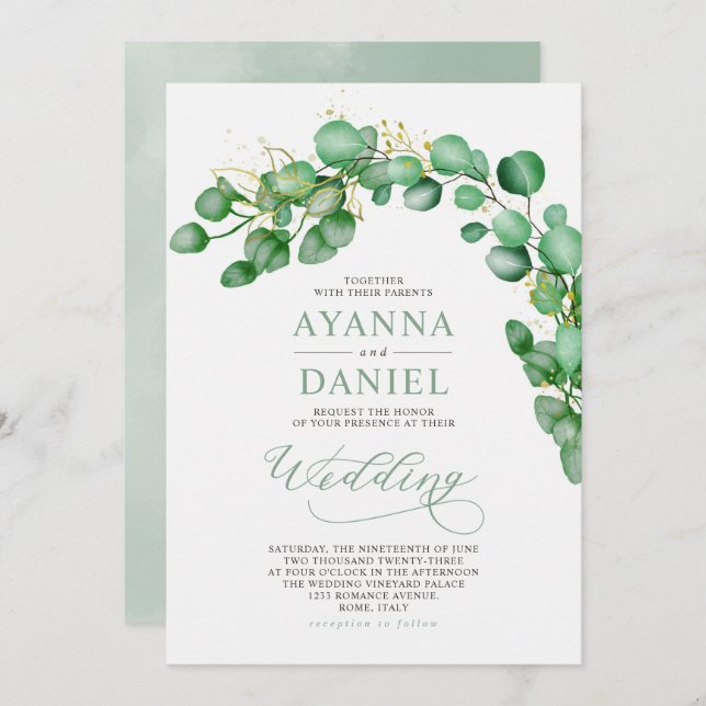 Invitation Elégante aquarelle Eucalyptus Mariage vert (Devant / Derrière)