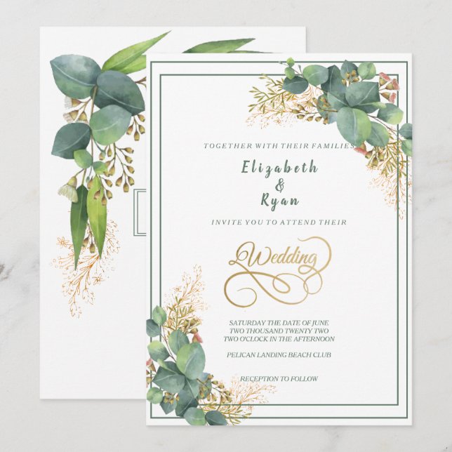 Invitation Elégante aquarelle Eucalyptus Plante Gold Filigree (Devant / Derrière)