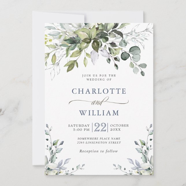 Invitation Elégante aquarelle Eucalyptus Vert Mariage Inv (Devant)