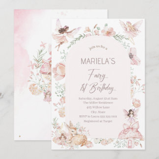 Invitation Elégante aquarelle Fairy Premier anniversaire Baby