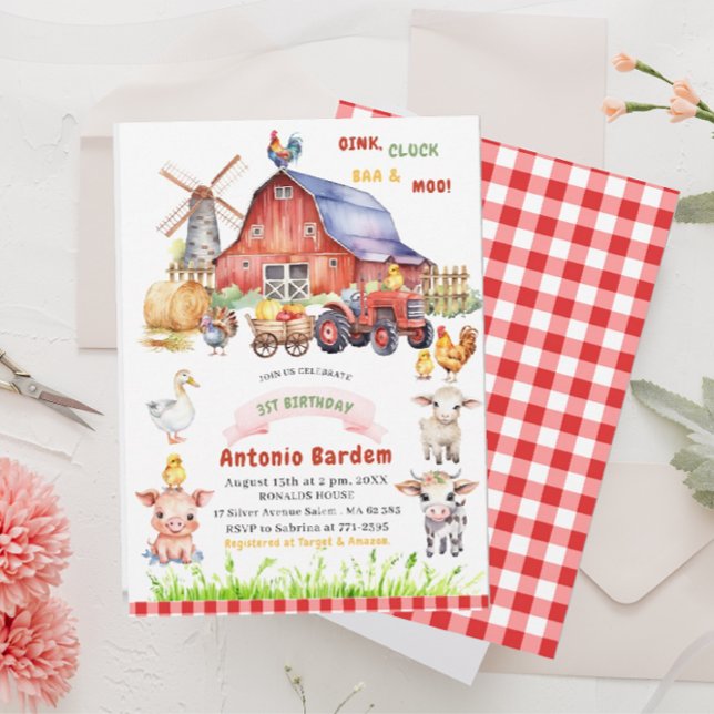Invitation Elégante aquarelle ferme bébé 3ème anniversaire (Créateur téléchargé)