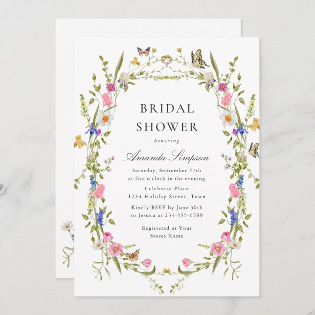 Invitation Elégante aquarelle Fête des mariées Fleurs sauvage (Devant / Derrière)