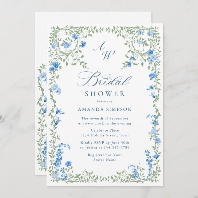 Invitation Elégante aquarelle Fête des mariées Fleurs sauvage (Devant / Derrière)