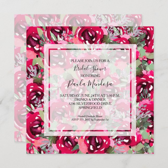 Invitation Elégante aquarelle Fête des mariées florale (Devant / Derrière)