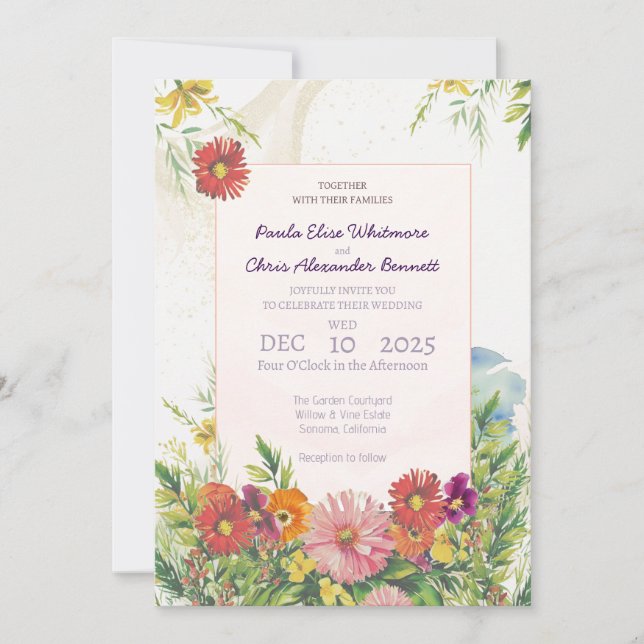 Invitation Elégante aquarelle Fleur sauvage Jardin Mariage (Devant)