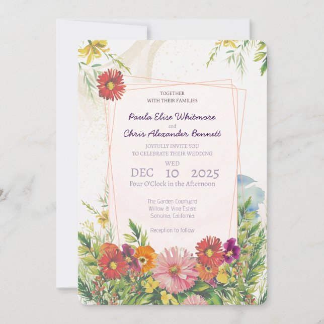 Invitation Elégante aquarelle Fleur sauvage Jardin Mariage (Devant)