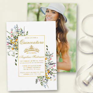 Invitation Elégante aquarelle Fleur sauvage photo Quinceanera