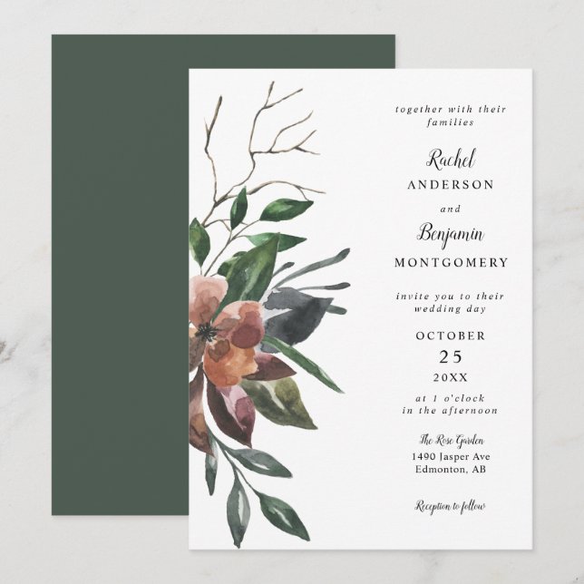 Invitation élégante aquarelle fleurs botaniques chic mariage (Devant / Derrière)