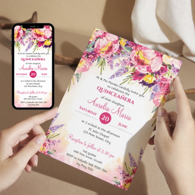 Invitation Elégante aquarelle fleurs colorées Quinceañera (Créateur téléchargé)