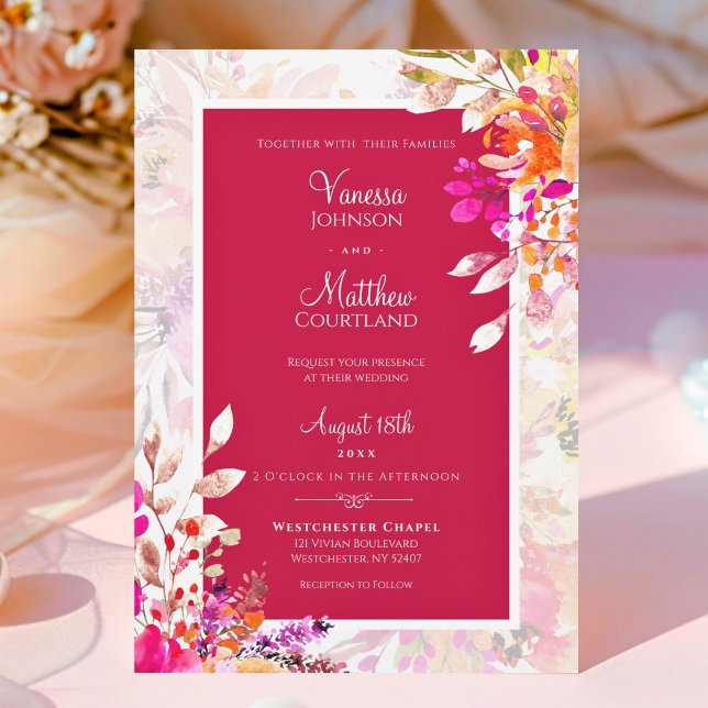 Invitation Elégante aquarelle Fleurs rose et orange Mariage (Pink and Orange Elegant Watercolor Floral Wedding Invitation)