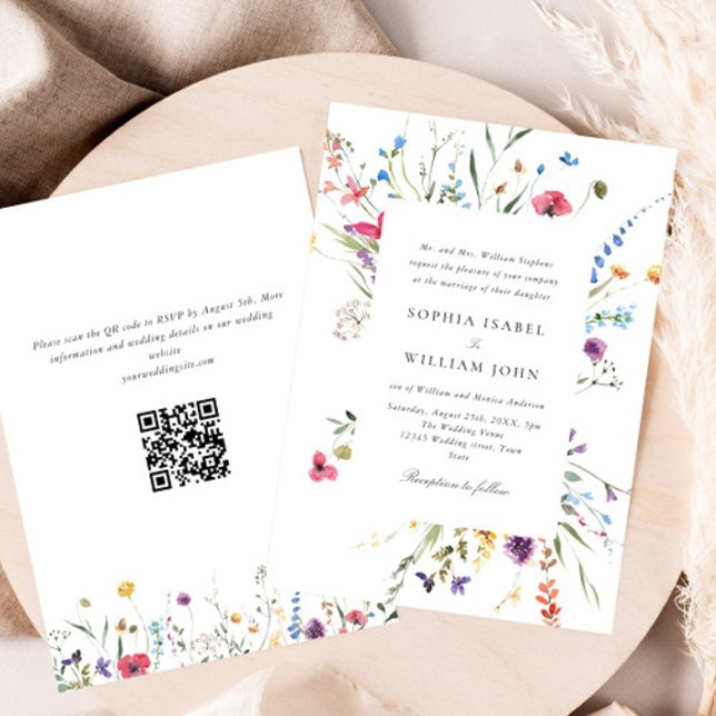Invitation Elégante aquarelle Fleurs sauvages Mariage code QR (Créateur téléchargé)