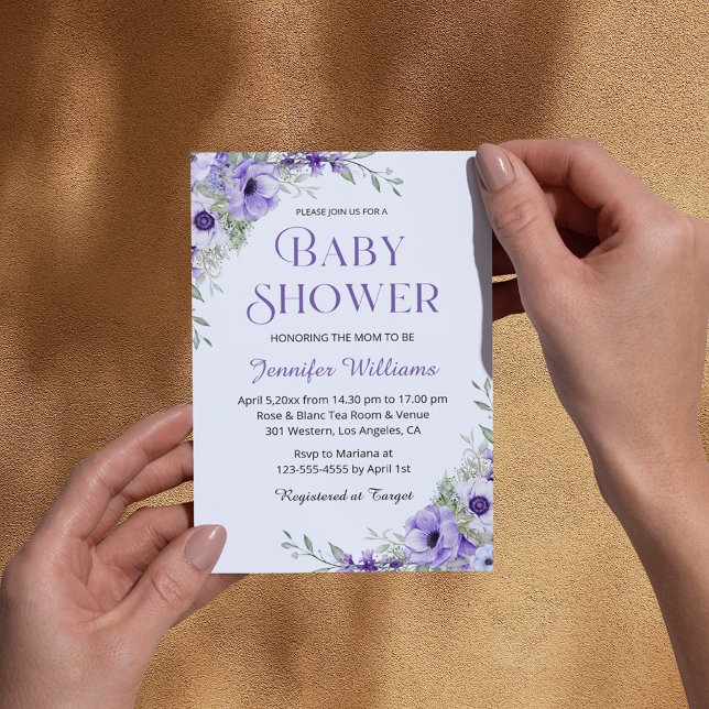 Invitation élégante aquarelle fleurs violettes baby shower ch (Créateur téléchargé)