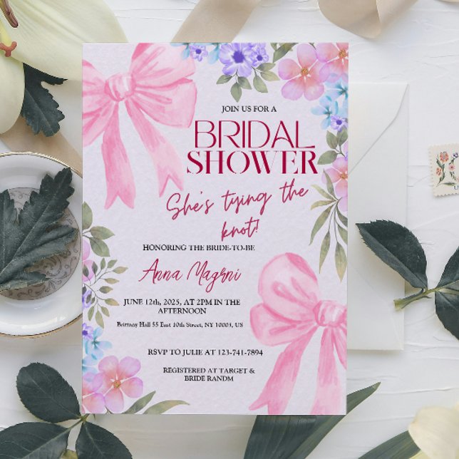 Invitation Elégante aquarelle Floral Bows Fête des mariées am (Elegant Watercolor Floral Bows Bridal Shower Fun)