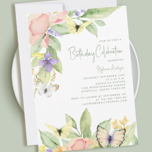 Invitation Elégante aquarelle Floral Butterfly fête d'anniver
