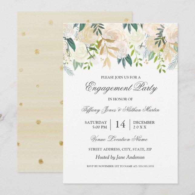 Invitation Elégante aquarelle Floral Gold Engagement Party (Devant / Derrière)