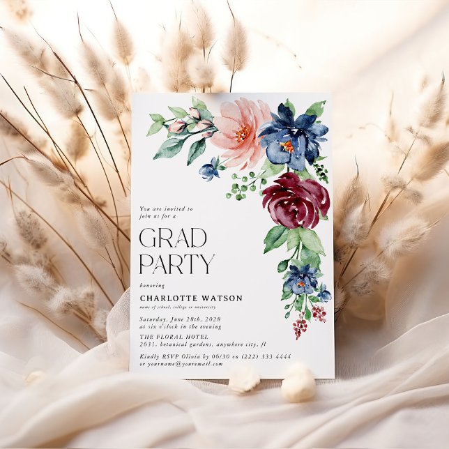 Invitation Elégante aquarelle Floral Graduation Party (Créateur téléchargé)