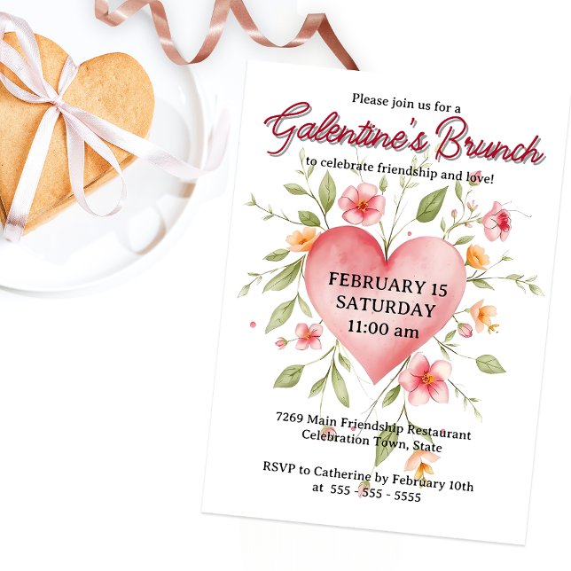 Invitation Elégante aquarelle Floral Heart Galentine's Brunch (Créateur téléchargé)