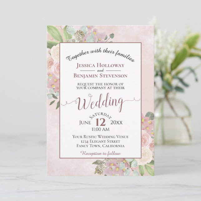Invitation Elégante aquarelle Floral Mauve rose Boho Mariage (Debout devant)