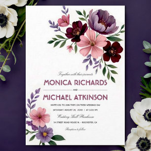 Invitation Elégante aquarelle Floral Plum Bourgogne Mariage