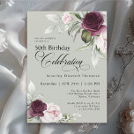 Invitation Elégante aquarelle Floral Sage Vert 50e anniversai<br><div class="desc">Célébrez un anniversaire marquant spécial avec cette magnifique invitation à la fête du 50e anniversaire féminine. Il présente d'élégantes bordures florales en roses bordeaux et roses de chaque côté du texte élégamment placé. Les couleurs comprennent le rose pâle, le rouge bordeaux profond et le prune mélangés à la verdure éthérée...</div>