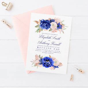 Invitation Elégante aquarelle Floral Wreath Navy Mariage bleu