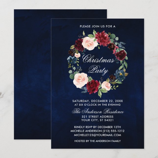 Invitation Elégante aquarelle Floral Wreath Noël Party (Devant / Derrière)