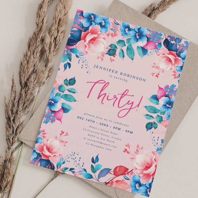 Invitation Elégante aquarelle florale 30e anniversaire Blush (Elegant Watercolor Floral 30th Birthday Blush Invitation)
